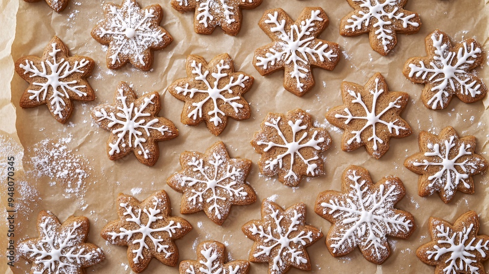 Gingerbread cookies arranged in a snowflake pattern on parchment paper Gingerbread cookies arranged in a snowflake pattern on parchment paper