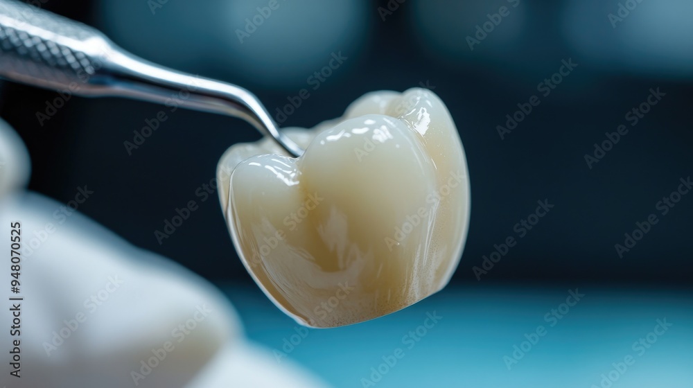 A close-up of a dental crown being placed on a tooth, showing the precision of restorative dentistry A close-up of a dental crown being placed on a tooth, showing the precision of restorative dentistry