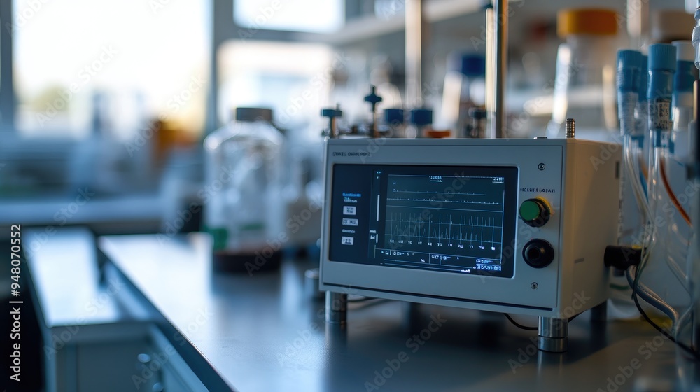 A close-up of a digital measurement device on a laboratory bench, displaying precise measurements for scientific use A close-up of a digital measurement device on a laboratory bench, displaying precise measurements for scientific use