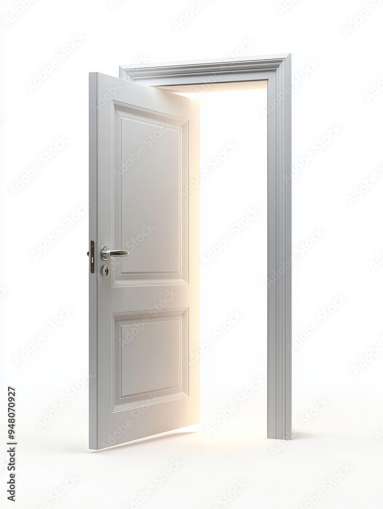 A white door with a silver handle is open, revealing a bright light A white door with a silver handle is open, revealing a bright light