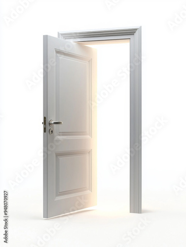 A white door with a silver handle is open  revealing a bright light