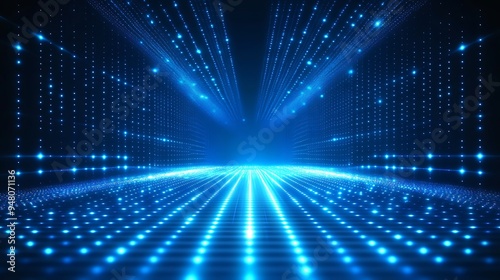 Futuristic blue glowing light abstract background with lines and dots creating a digital technology or virtual reality environment.