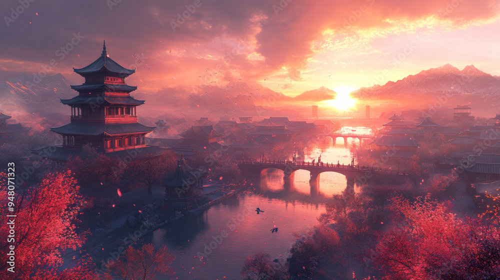 Obraz premium The Gate of Heaven in ancient Chinese mythology stands as a monumental testament, chinese architecture wallpaper