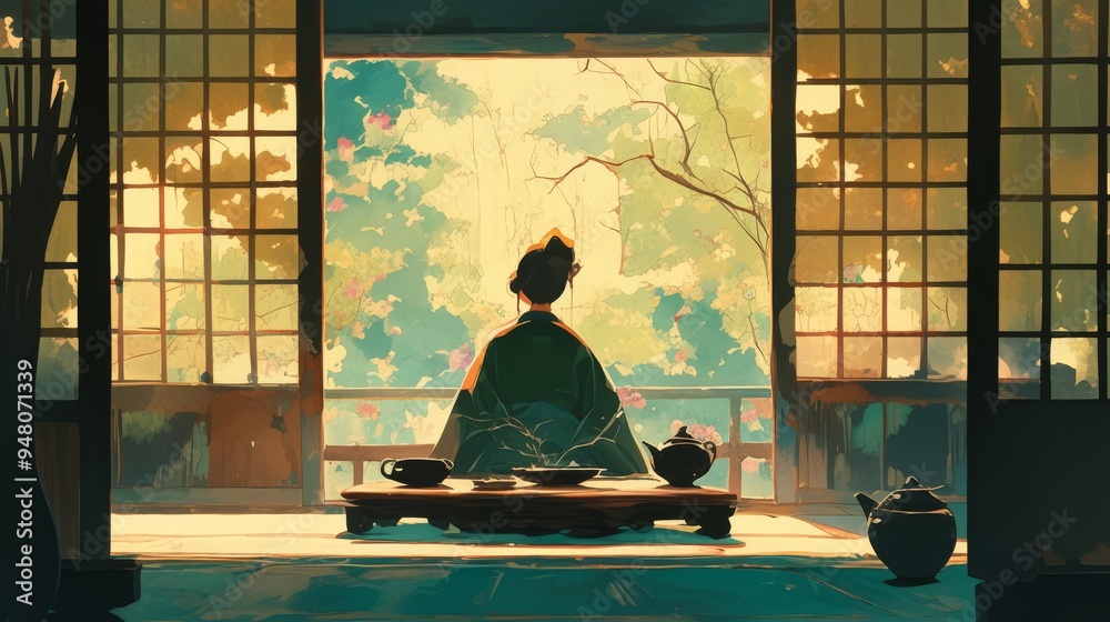 Woman Sitting in a Japanese Tea Room Looking Out the Window Woman Sitting in a Japanese Tea Room Looking Out the Window
