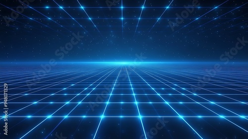 Futuristic blue neon grid background with glowing perspective lines, representing a digital or virtual environment.