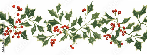 Festive Holly Leaves And Berries Seamless Border On White Background