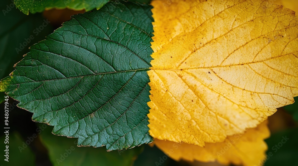 A close-up of leaves, half green and half yellow, depicting the transition from summer to autumn in nature A close-up of leaves, half green and half yellow, depicting the transition from summer to autumn in nature