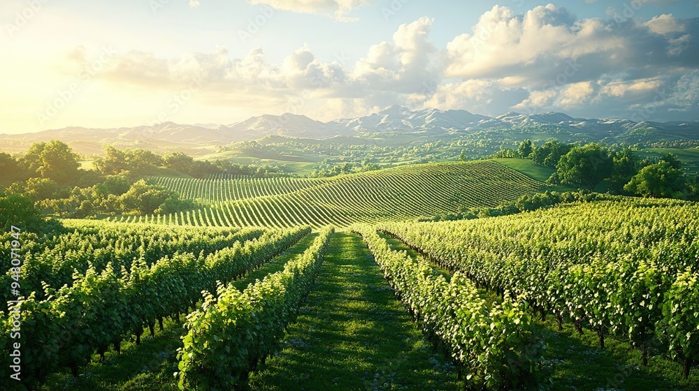 Fototapeta premium Lush Vineyard Landscapes with Rolling Hills and Neatly Aligned Rows of Grapevines in the Countryside