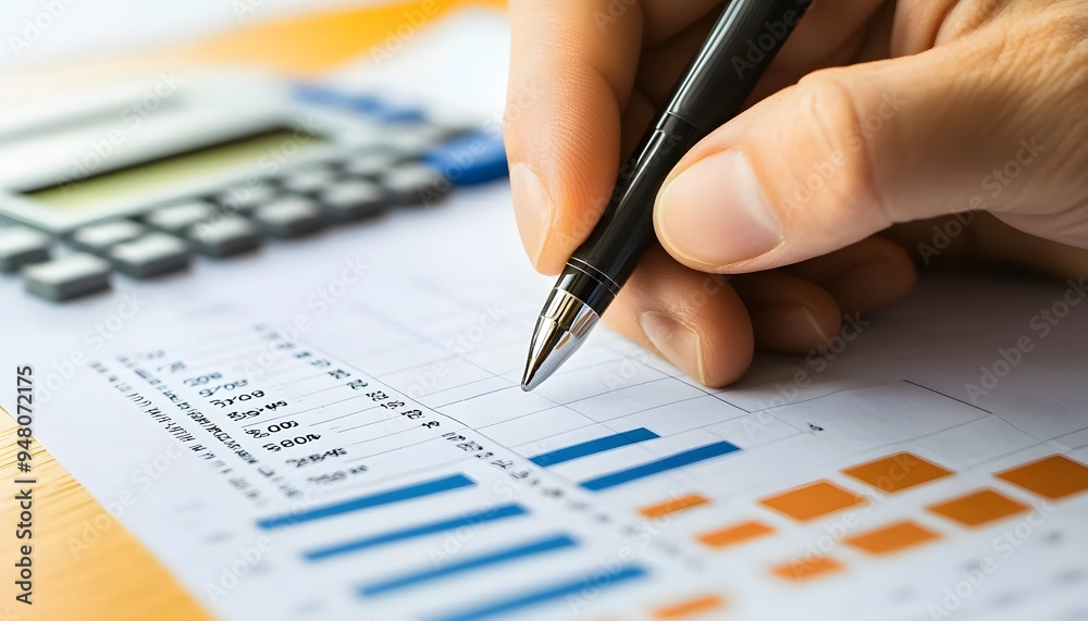 Close-up of a Hand Analyzing a Financial Graph with a Pen Close-up of a Hand Analyzing a Financial Graph with a Pen