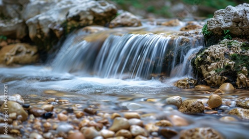 Serene stream waterfall flowing over rock and pebbles in lush nature setting