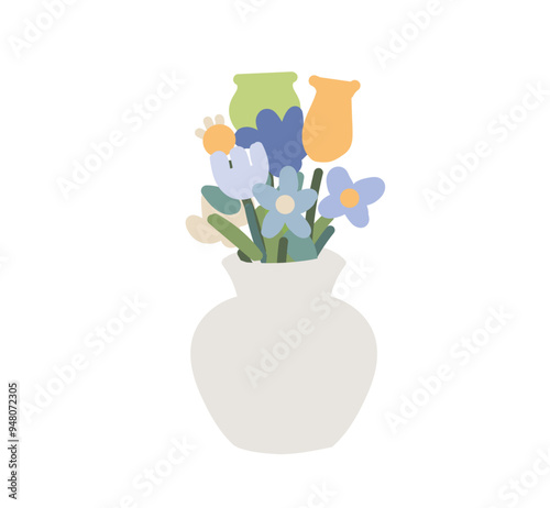 Cute abstract style flowers in a vase, pot hand drawn drawing set for decoration