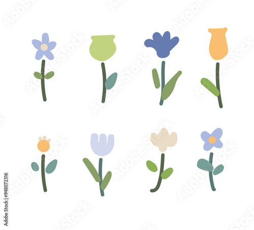 Cute abstract style flowers hand drawn drawing set for decoration