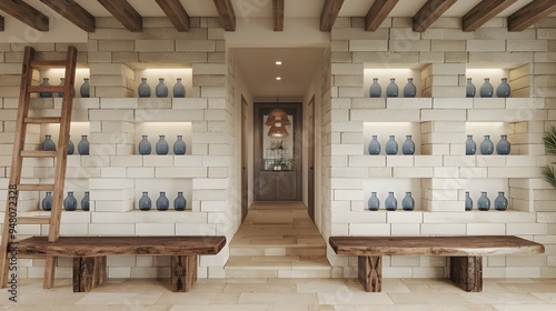 A coastal interior design of a modern entrance hall with stone tiles wall and wooden rustic elements. The wall has inset shelves filled with blue glass bottles.  wooden benches