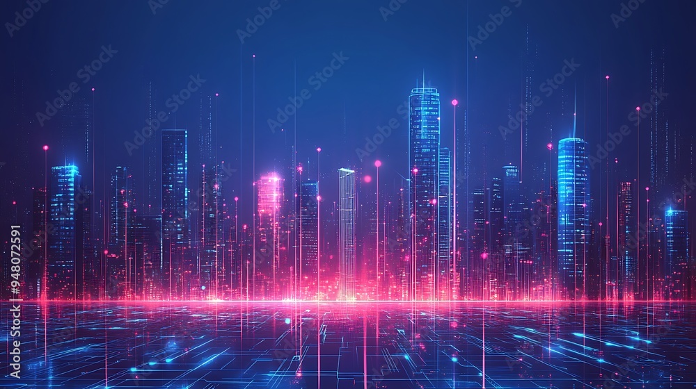 Futuristic digital cityscape glowing with neon lights and holographic elements, illustrating advanced technology and modern innovation. Futuristic digital cityscape glowing with neon lights and holographic elements, illustrating advanced technology and modern innovation.
