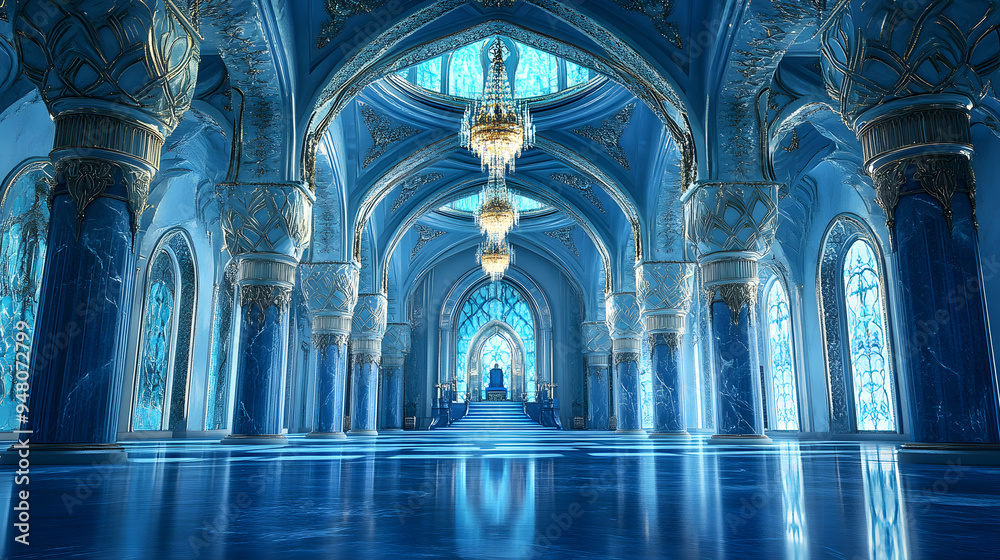 Fototapeta premium Expansive blue hall with vaulted ceilings, ornate marble columns, and ethereal stained glass windows