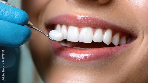 A dentist applying a whitening treatment to a patien teeth, demonstrating cosmetic dental procedures