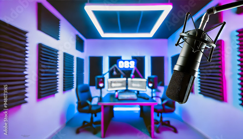 An empty podcast studio, set up for media broadcasting and communication, features modern equipment and a neatly arranged interior
