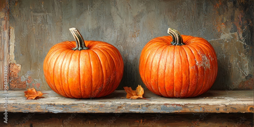 Vibrant pumpkins on a rustic shelf, perfect for Halloween decorations or seasonal marketing, with copy space. Vibrant pumpkins on a rustic shelf, perfect for Halloween decorations or seasonal marketing, with copy space.