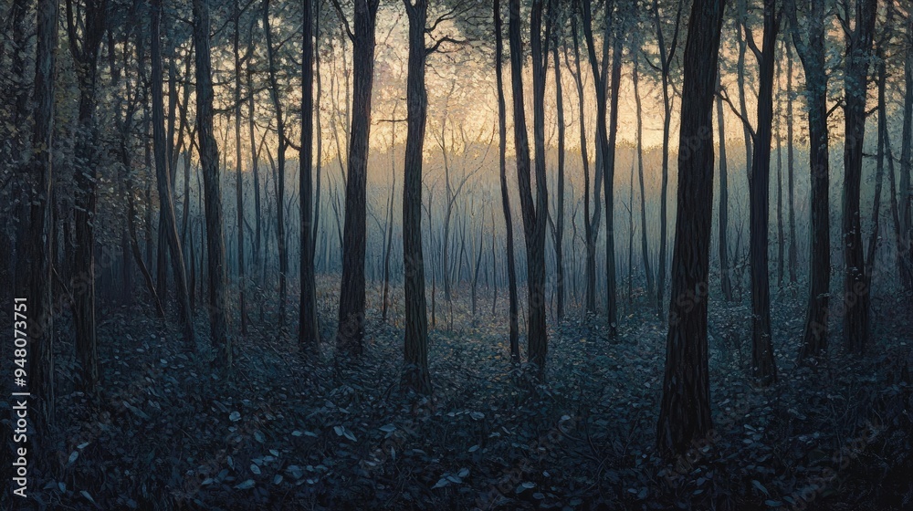 A forest at dusk, with the last light of day filtering through the trees and creating a peaceful, twilight scene A forest at dusk, with the last light of day filtering through the trees and creating a peaceful, twilight scene