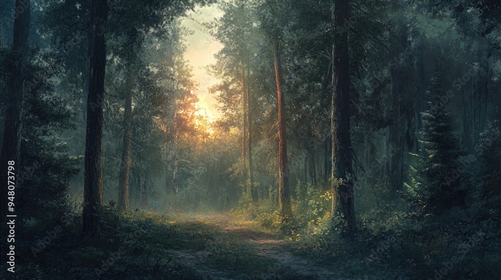 Fototapeta premium A forest at dusk, with the last light of day filtering through the trees and creating a peaceful, twilight scene