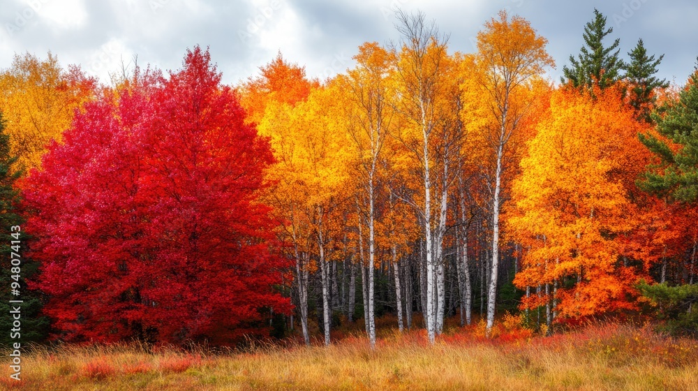 Fototapeta premium A forest in autumn with vibrant red, orange, and yellow leaves, creating a warm and colorful landscape