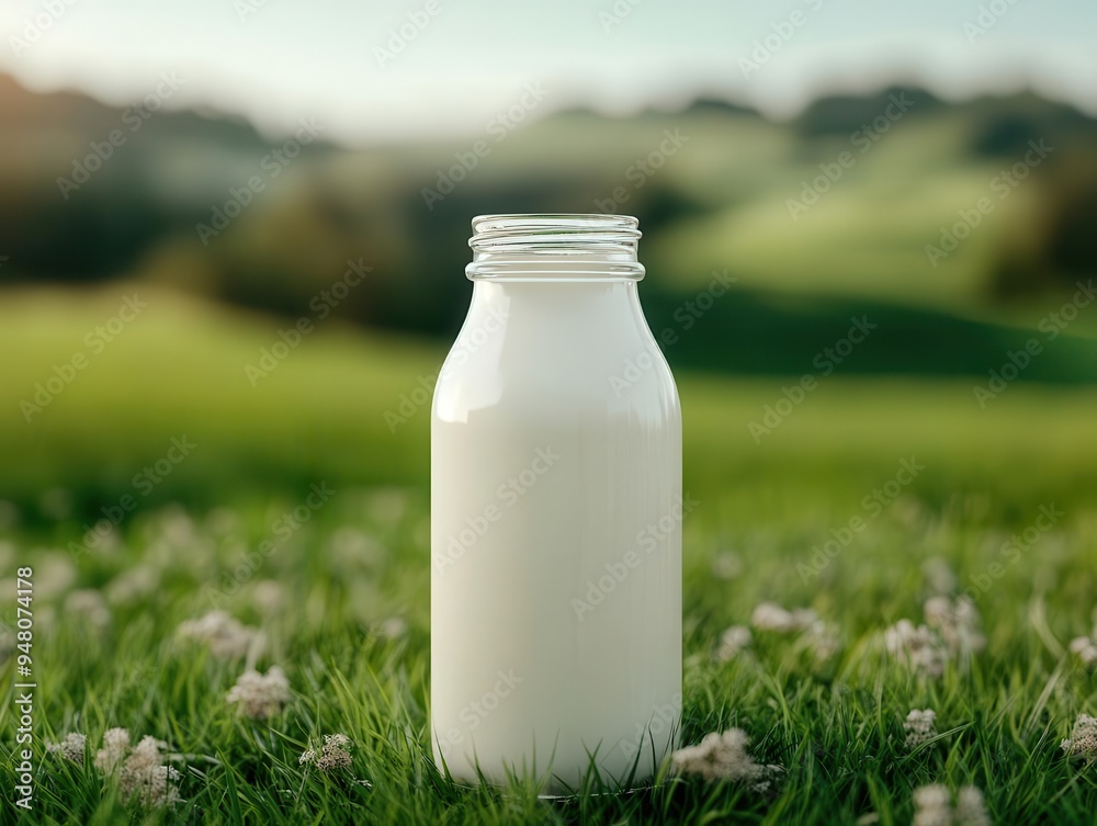 A glass milk bottle placed on vibrant green grass in a serene countryside setting. Perfect for farm and nature themes. A glass milk bottle placed on vibrant green grass in a serene countryside setting. Perfect for farm and nature themes.