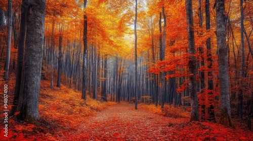 A forest in autumn with vibrant red, orange, and yellow leaves, creating a warm and colorful landscape