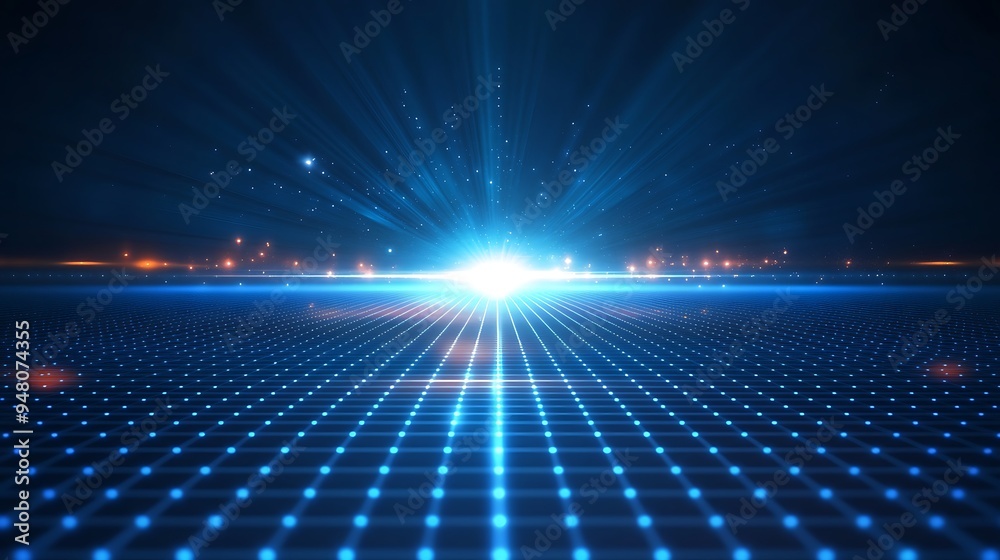 Futuristic digital landscape with blue grid and bright light, representing technology, innovation, and advanced computing concepts. Futuristic digital landscape with blue grid and bright light, representing technology, innovation, and advanced computing concepts.