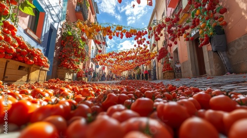 A colorful street scene with tomatoes scattered across the ground and traditional Spanish decorations hanging above. The vibrant red of the tomatoes contrasts with the earthy tones of the photo