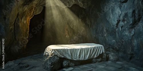 Shroud of Jesus Christ, Cave of the Resurrection of Jesus Christ. Christian illustration for Easter publications