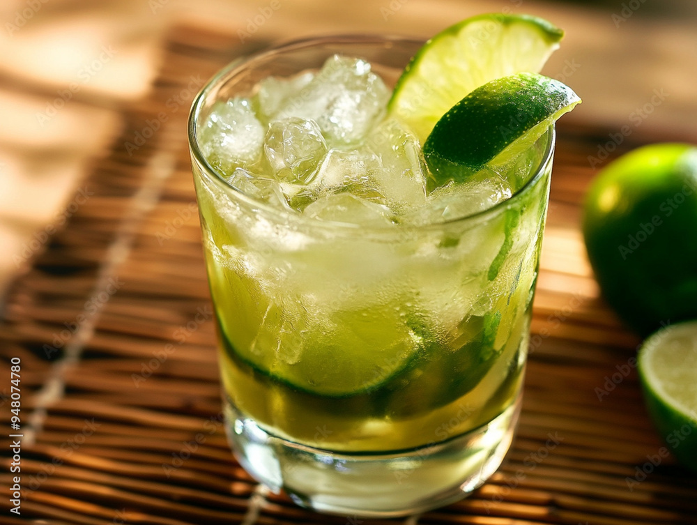Refreshing Classic Mojito Cocktail with Ice and Lime on Wooden Bar Counter, Perfect Summer Drink Concept Refreshing Classic Mojito Cocktail with Ice and Lime on Wooden Bar Counter, Perfect Summer Drink Concept