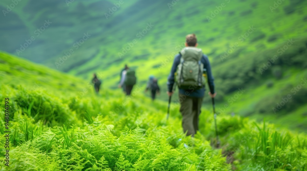 Group hiking through lush green hills in misty weather Group hiking through lush green hills in misty weather