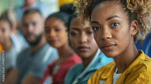 Diverse group of individuals at seminar focus on woman with curly hair in yellow jacket