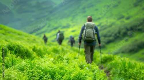 Group hiking through lush green hills in misty weather photo