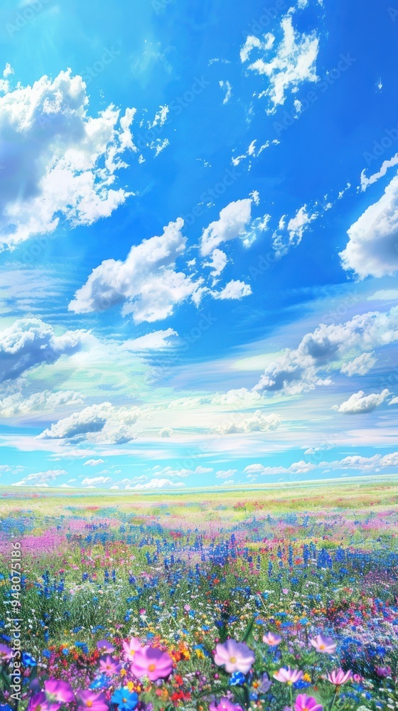 Fototapeta premium Vibrant Wildflower Field Against a Blue Sky with Puffy Clouds