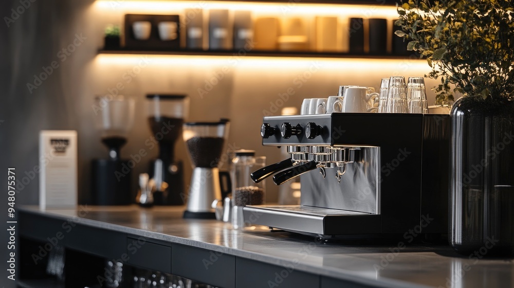 A close-up of a modern coffee bar with metallic finishes, minimalistic and high-tech coffee brewing equipment. A close-up of a modern coffee bar with metallic finishes, minimalistic and high-tech coffee brewing equipment.