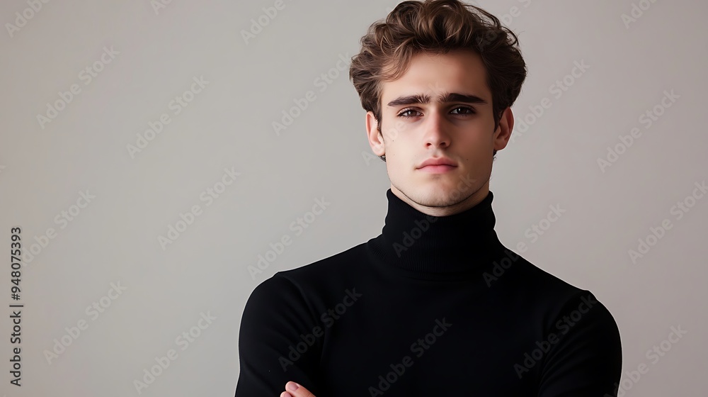 Young Man in Black Turtleneck with Copyspace, Pale Grey Background Young Man in Black Turtleneck with Copyspace, Pale Grey Background