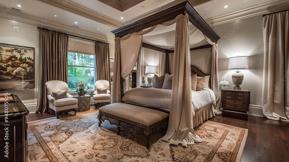Fototapeta premium Luxurious master bedroom with a canopy bed, plush rug, and elegant decoration 