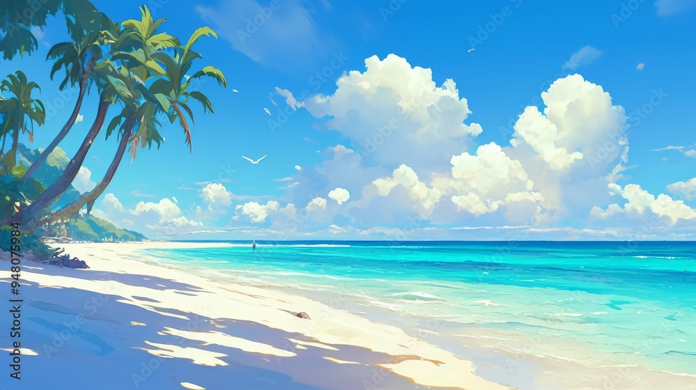 Fototapeta premium Tropical Beach Paradise with Palm Trees and Blue Sky