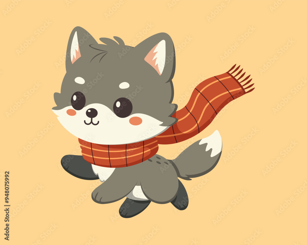 Cute Vector Little Wolf Pup in Red Scarf