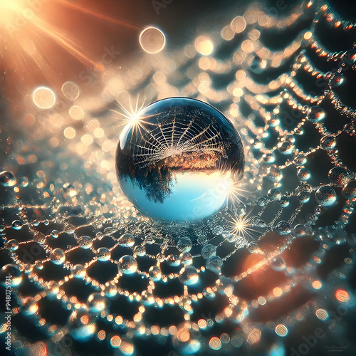 An extreme close-up, magnified view of a dewdrop on a spider web occupies the frame, with the camera focusing closely on the dewdrop and a blurred background