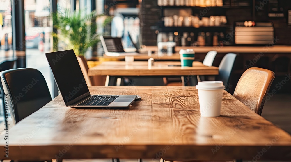 A modern coffee communal table with sleek chairs, laptops, and coffee cups, creating a trendy, collaborative workspace vibe. A modern coffee communal table with sleek chairs, laptops, and coffee cups, creating a trendy, collaborative workspace vibe.