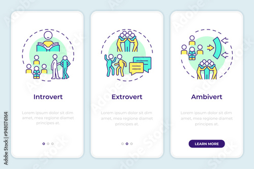 Human personality types onboarding mobile app screen. Walkthrough 3 steps editable graphic instructions with linear concepts. UI, UX, GUI template. Montserrat SemiBold, Regular fonts used