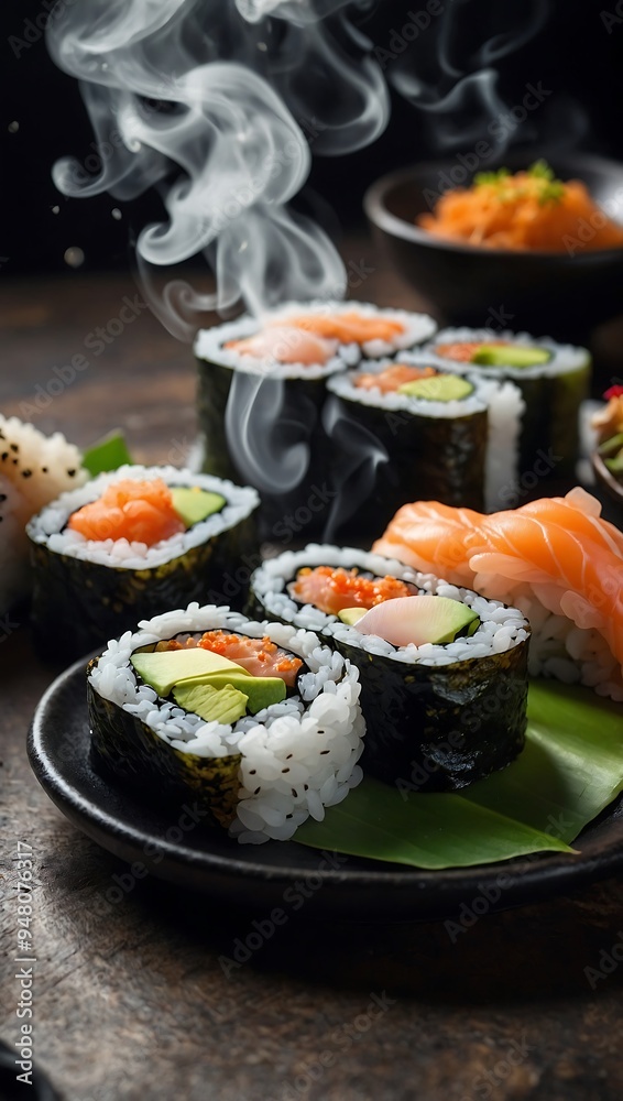 Sushi rolls with smoke effect for an enticing experience Sushi rolls with smoke effect for an enticing experience