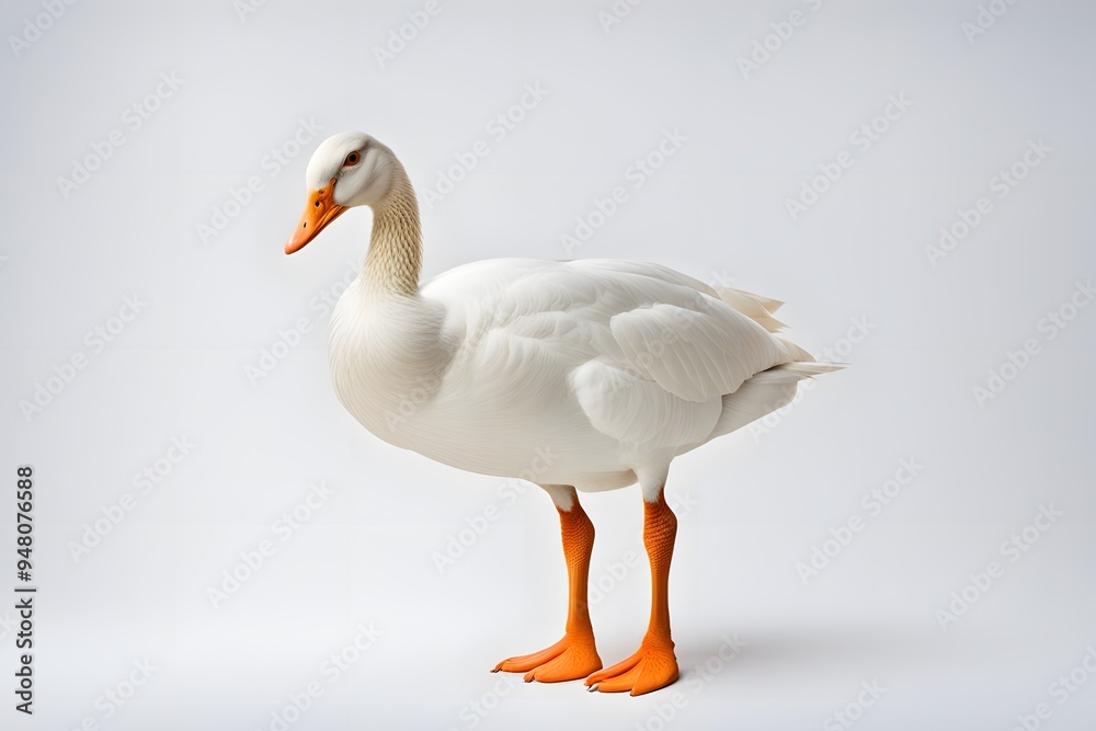 A calm white goose with orange feet standing on a white background, Ai Generated A calm white goose with orange feet standing on a white background, Ai Generated