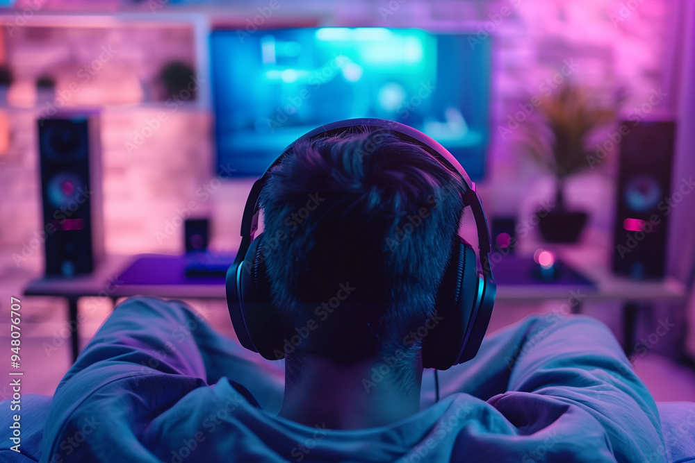 Man wearing headphones is comfortably sitting in front of a computer. Generative AI Man wearing headphones is comfortably sitting in front of a computer. Generative AI