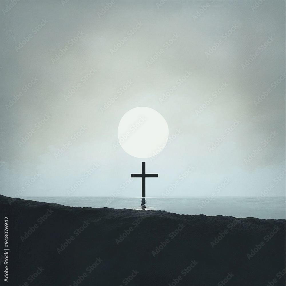 Minimalistic landscape. Silhouette of a cross and a sun. Christian background Minimalistic landscape. Silhouette of a cross and a sun. Christian background