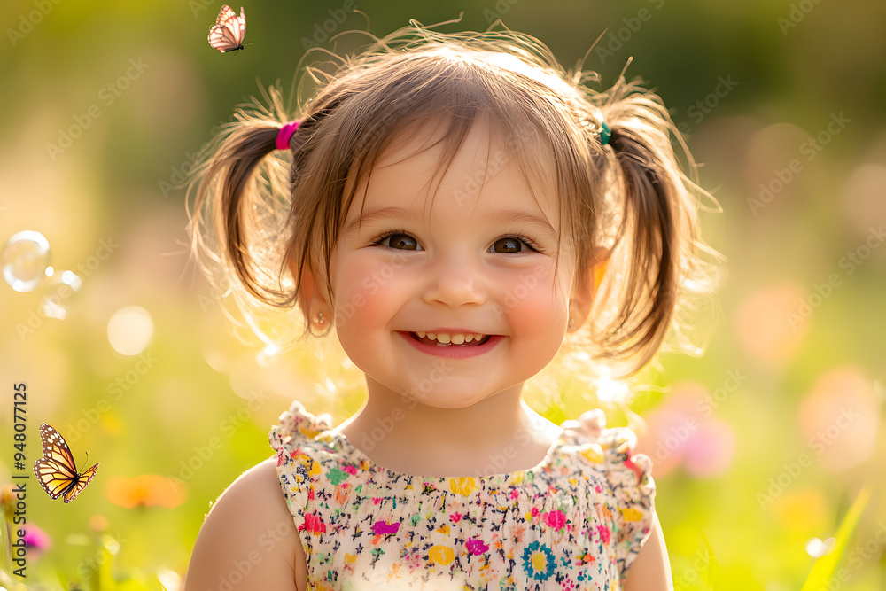 Beaming little girl with colorful pigtails and a joyful smile, enjoying a sunny meadow filled with wildflowers and bubbles Beaming little girl with colorful pigtails and a joyful smile, enjoying a sunny meadow filled with wildflowers and bubbles