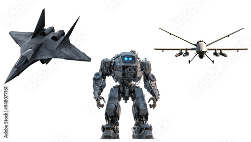 A futuristic set featuring a military robot, jet fighter, and drone, representing advanced technology in modern warfare
