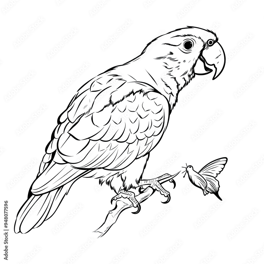 Fototapeta premium Cute Parrot with a Butterfly Perched on Its Beak Clipart Illustration